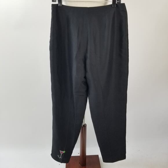 SLB Black Silk Embroidered Cocktail Motif Pants Size 10 - Picture 5 of 6